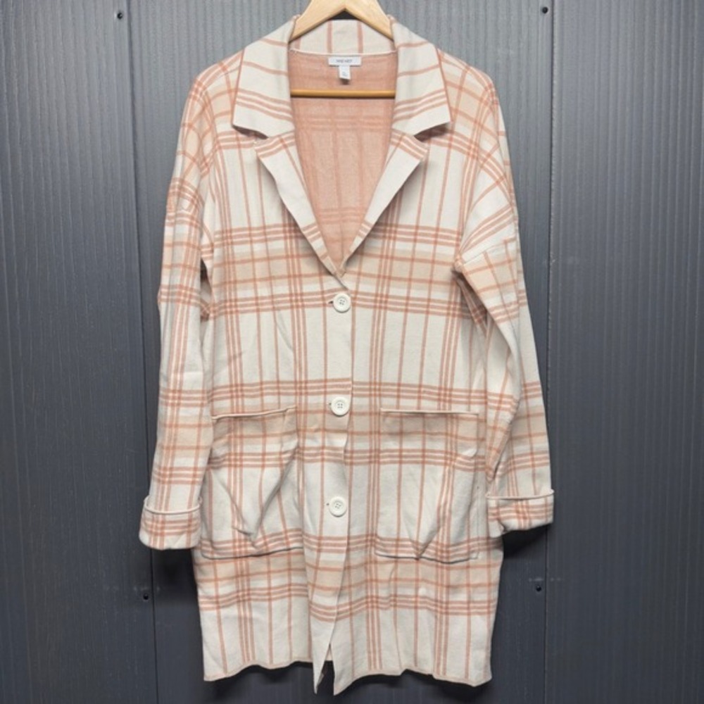 Nine West Womens XL Plaid Longline Cardigan Sweater Orange Cream Button Front